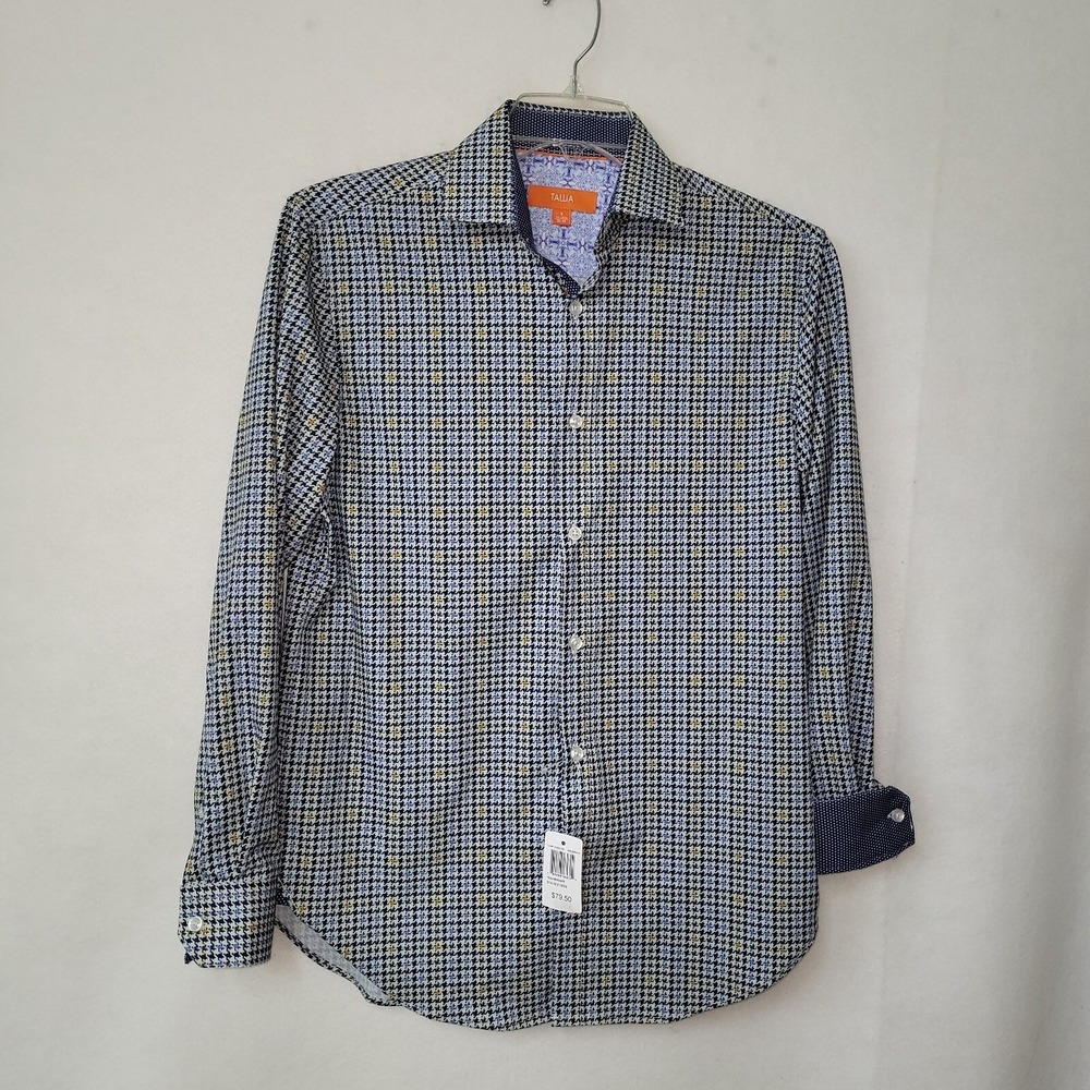 Tallia Mens Dress‎ Shirt Gold Navy Houndstooth Stretch S 14-14.5 32/33 Flip Cuff